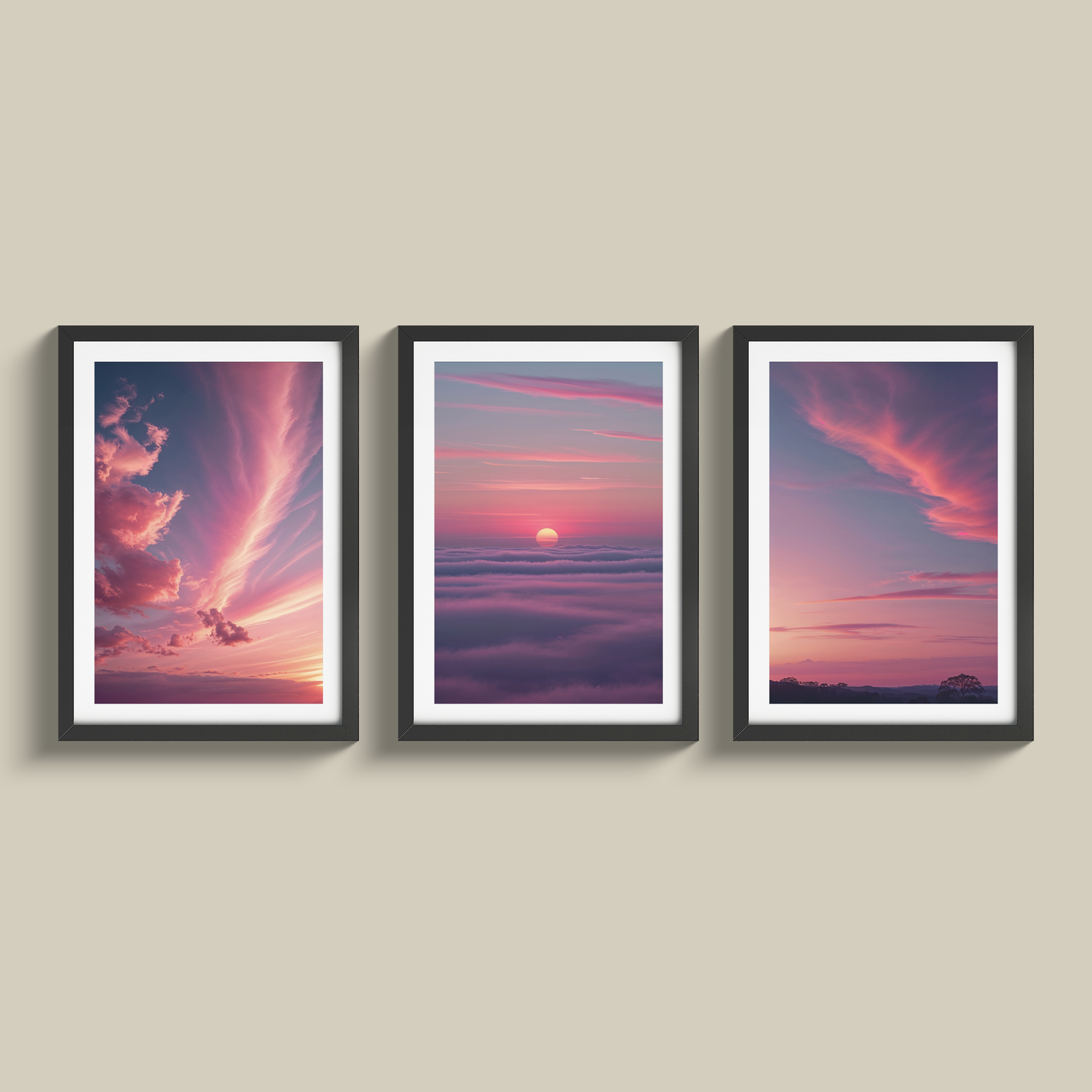 Soothing set of three dusty pink sunsets
