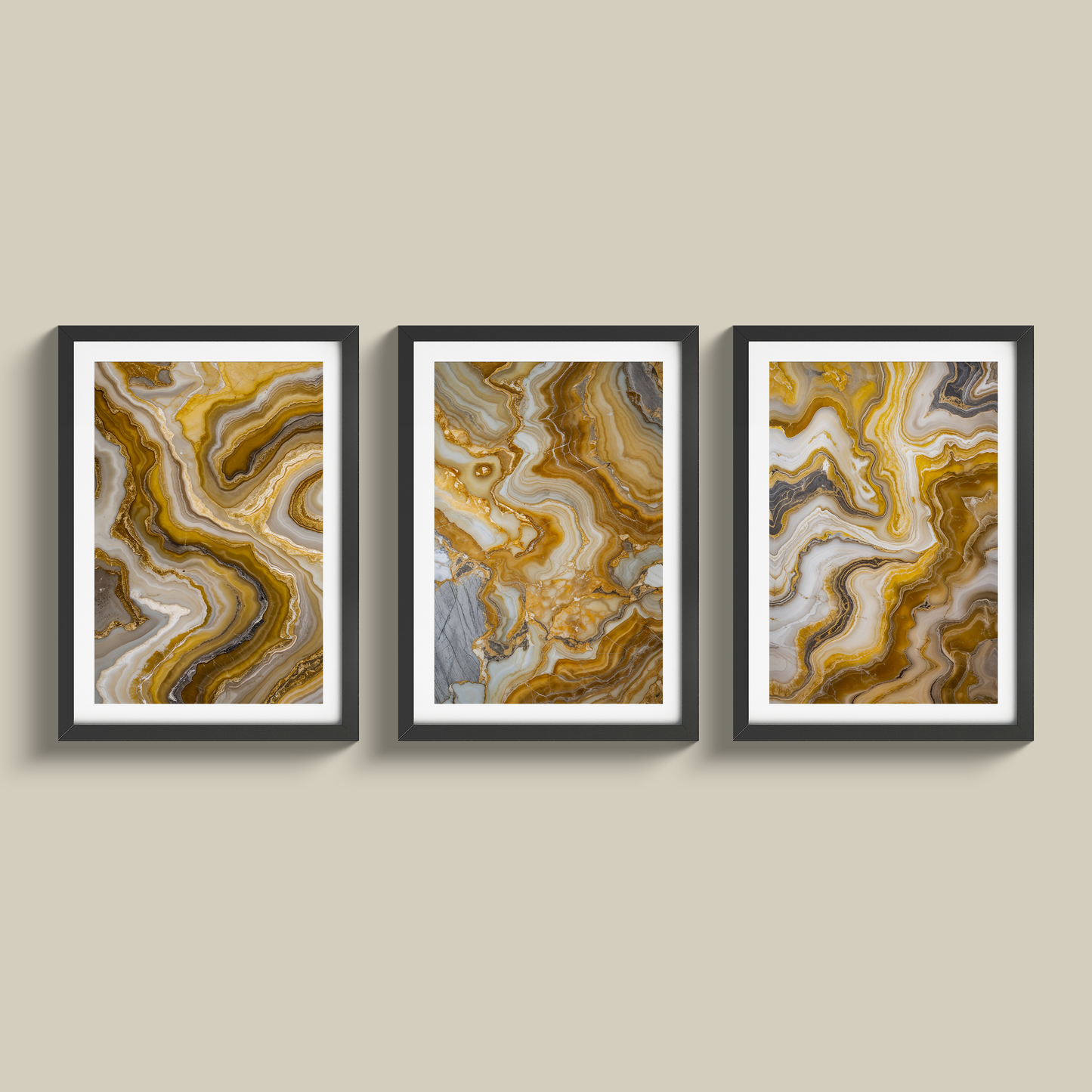 Stunning set of three yellow marble and gold prints