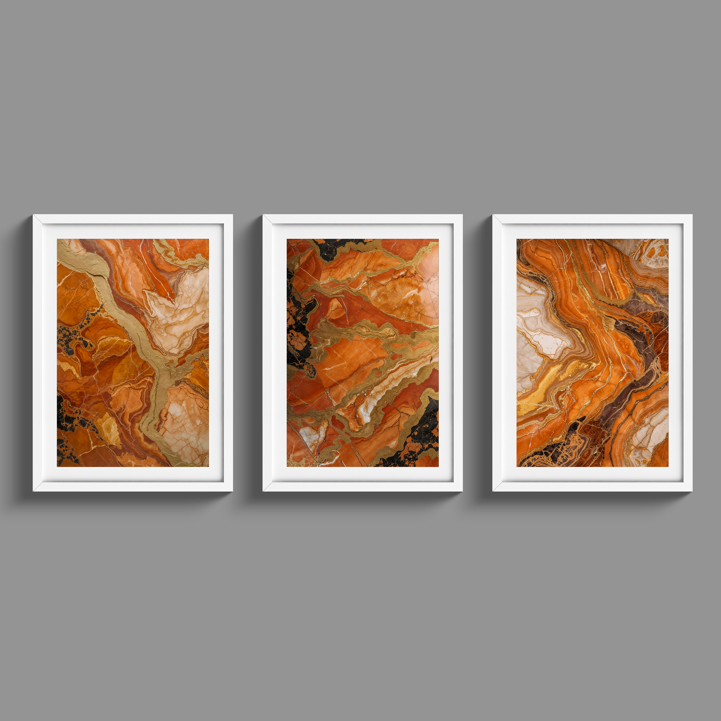 Stunning set of three orange marble and gold prints