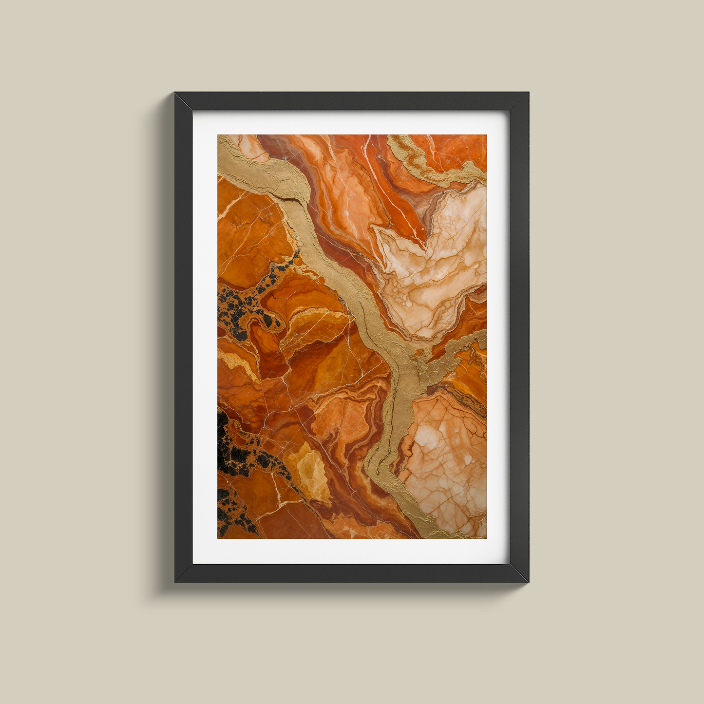 Stunning set of three orange marble and gold prints