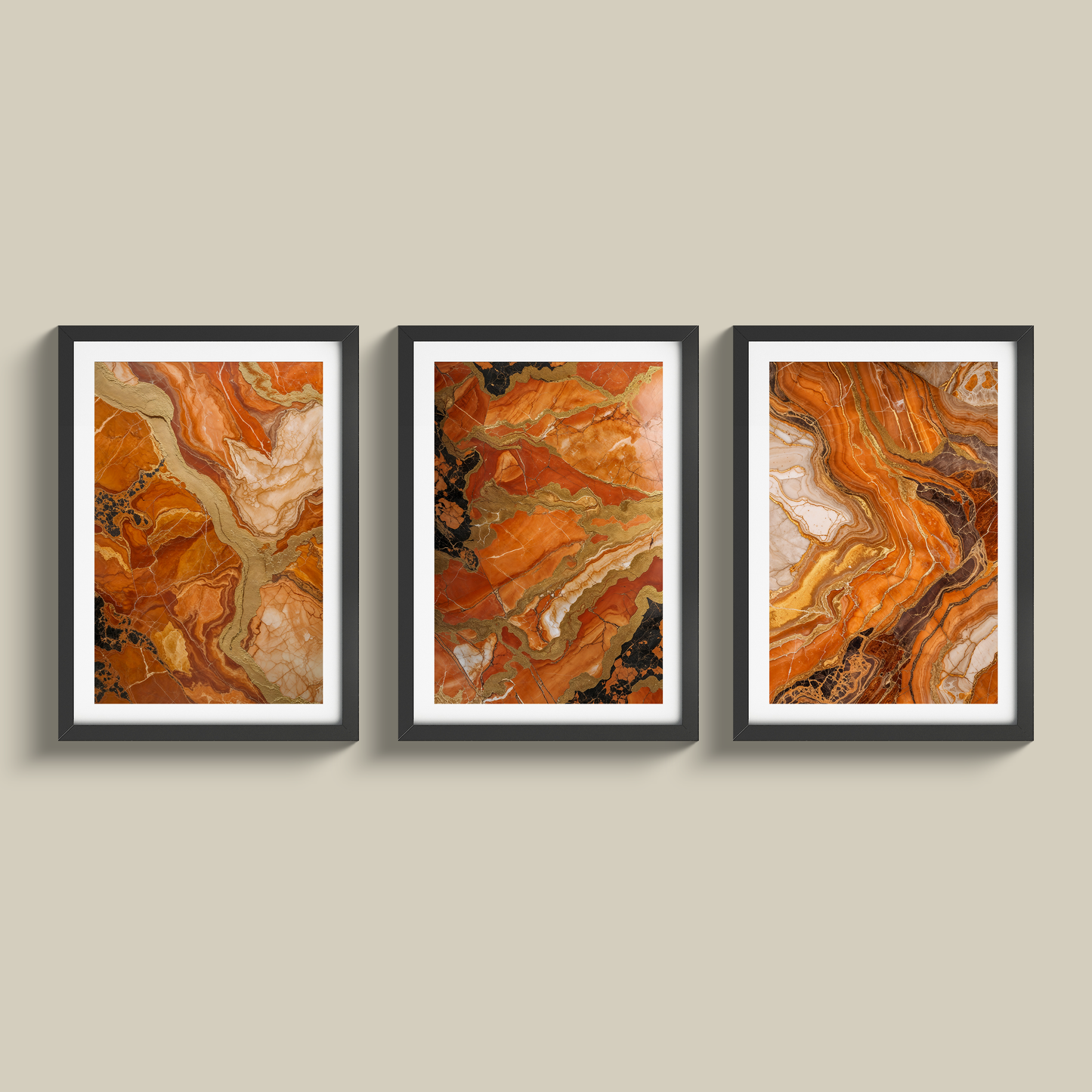 Stunning set of three orange marble and gold prints