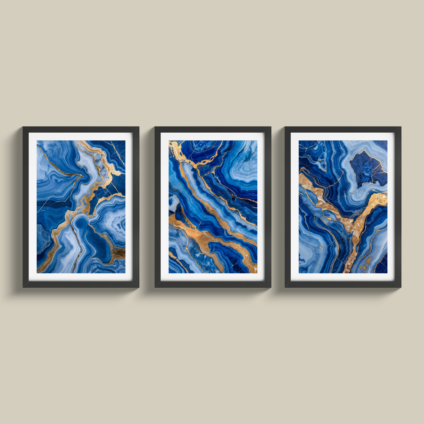Stunning set of three blue marble and gold prints