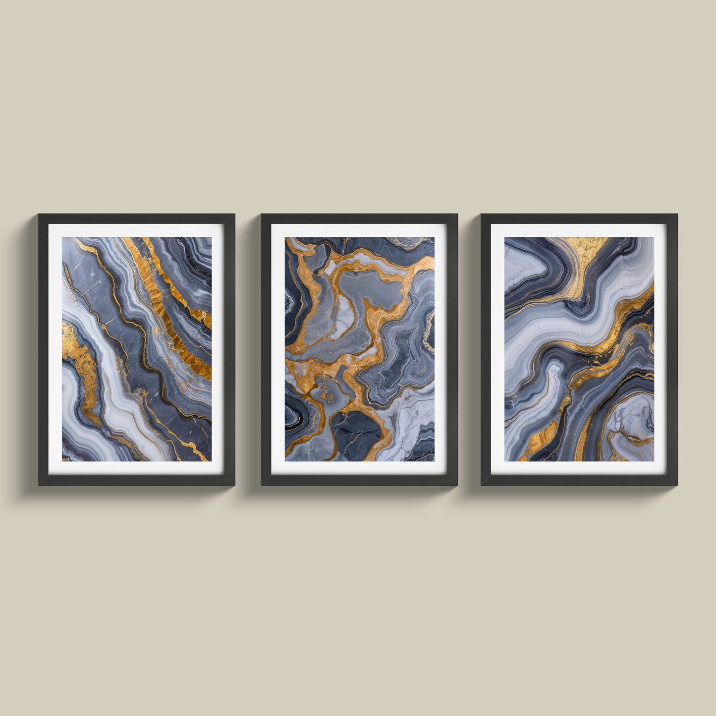Stunning set of three grey marble and gold prints