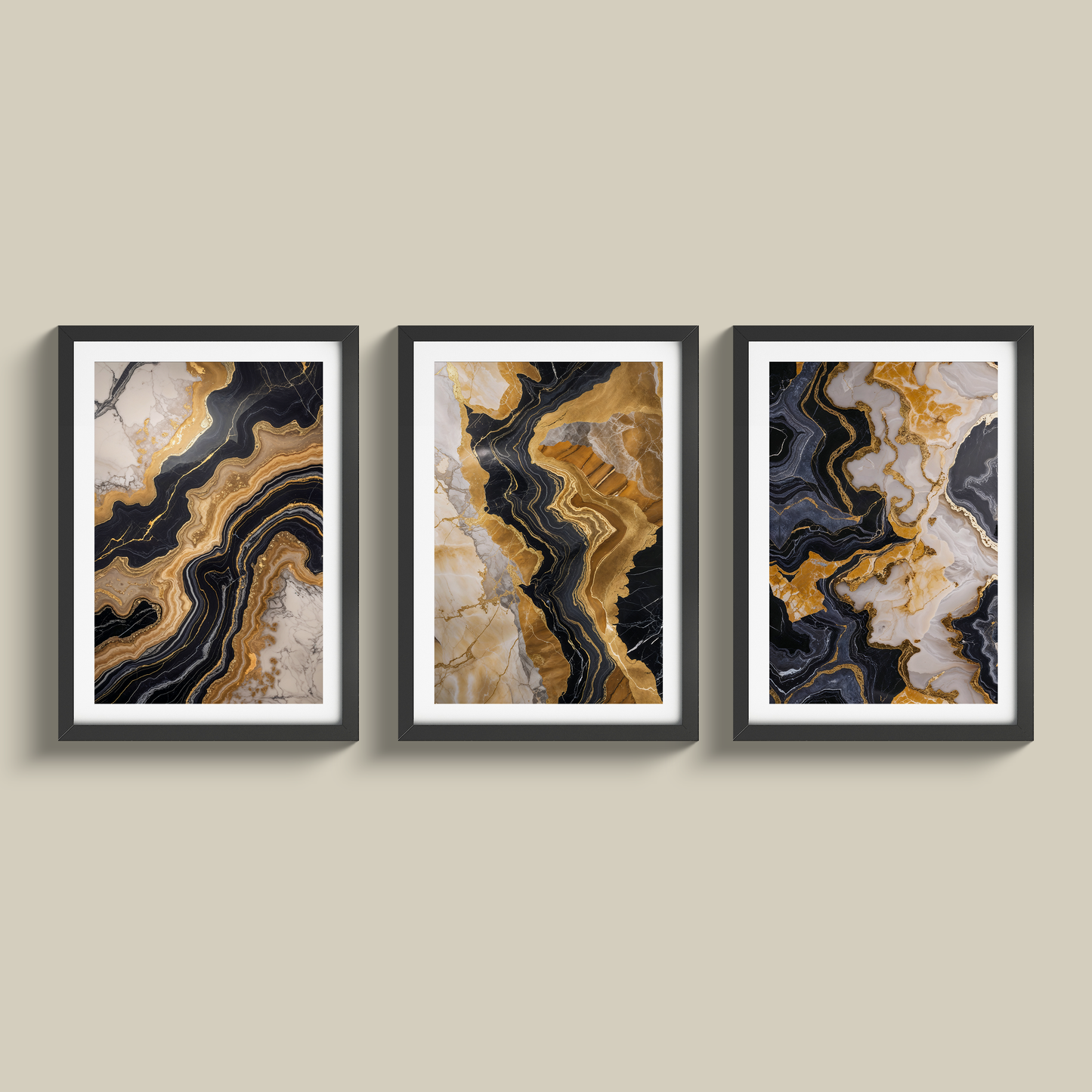 Stunning set of three black marble and gold prints
