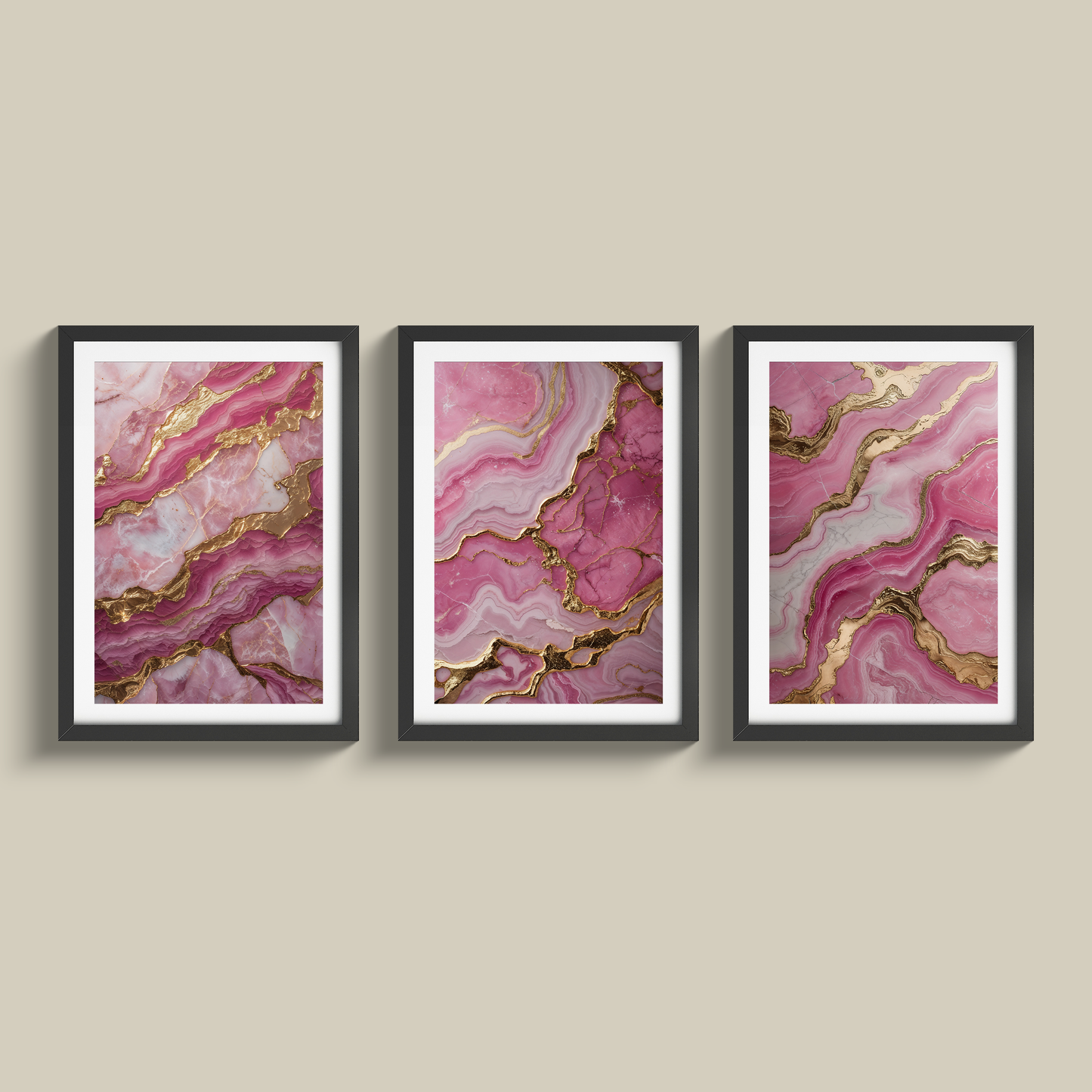 Stunning set of three pink marble and gold prints