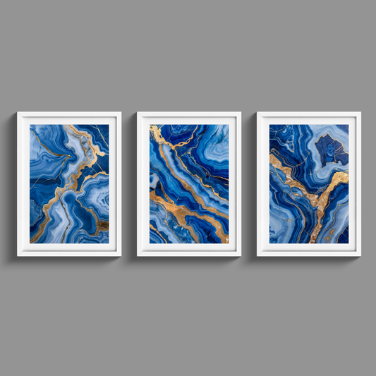 Stunning set of three blue marble and gold prints