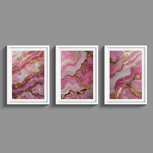 Stunning set of three pink marble and gold prints