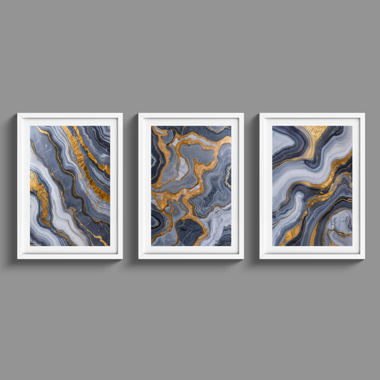 Stunning set of three grey marble and gold prints