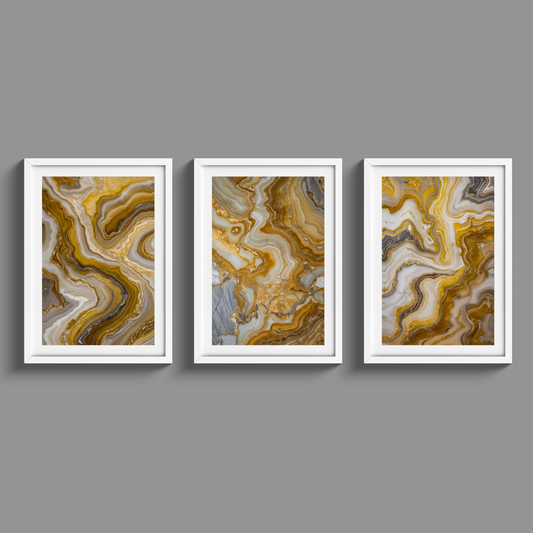 Stunning set of three yellow marble and gold prints
