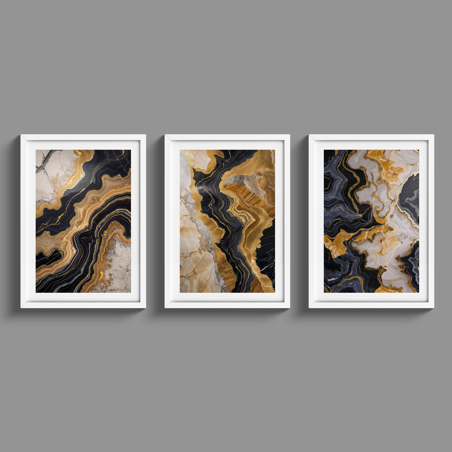 Stunning set of three black marble and gold prints