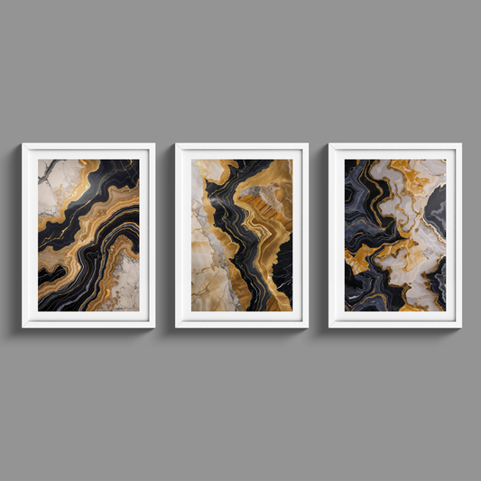 Stunning set of three black marble and gold prints