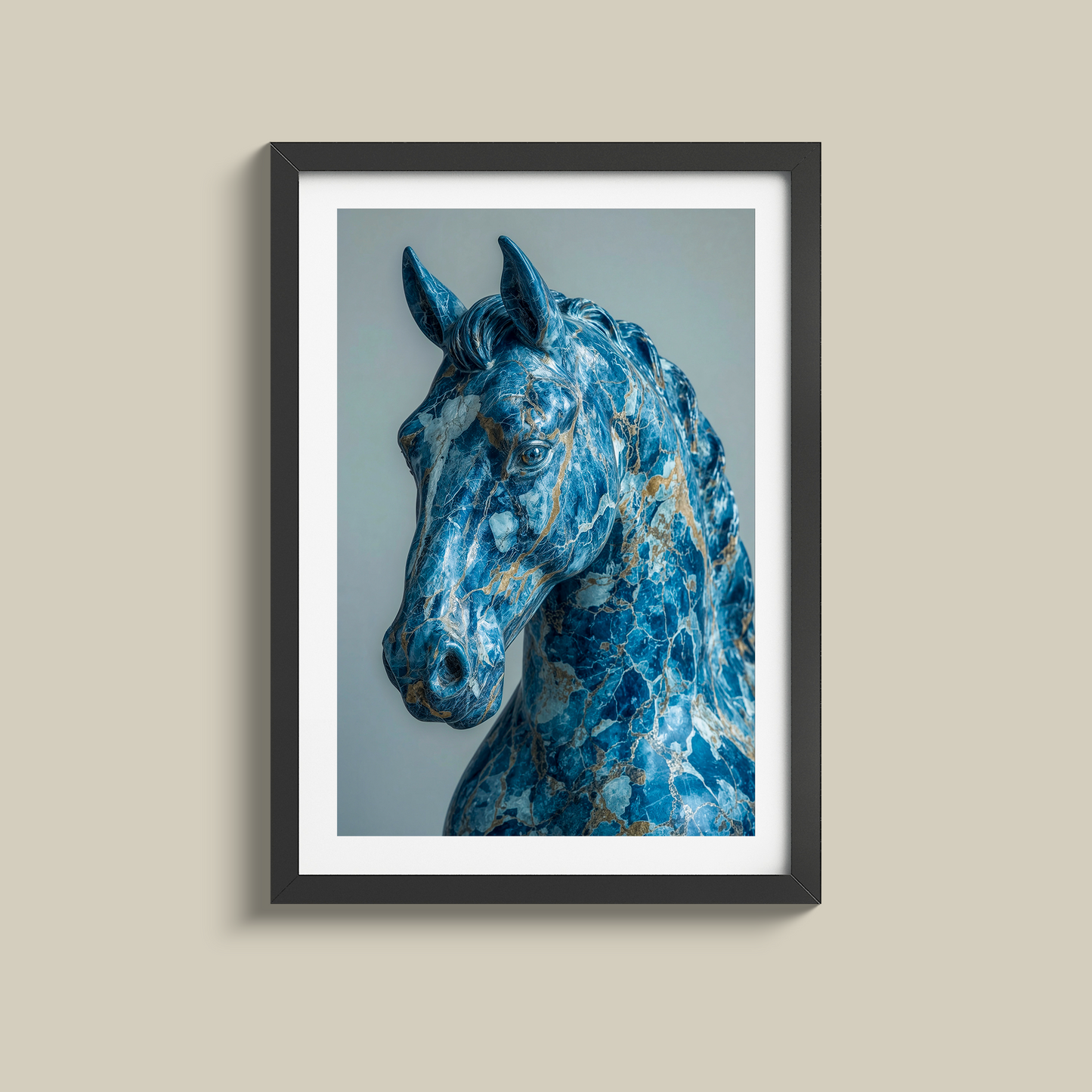 Stunning blue and gold marble horse head statue