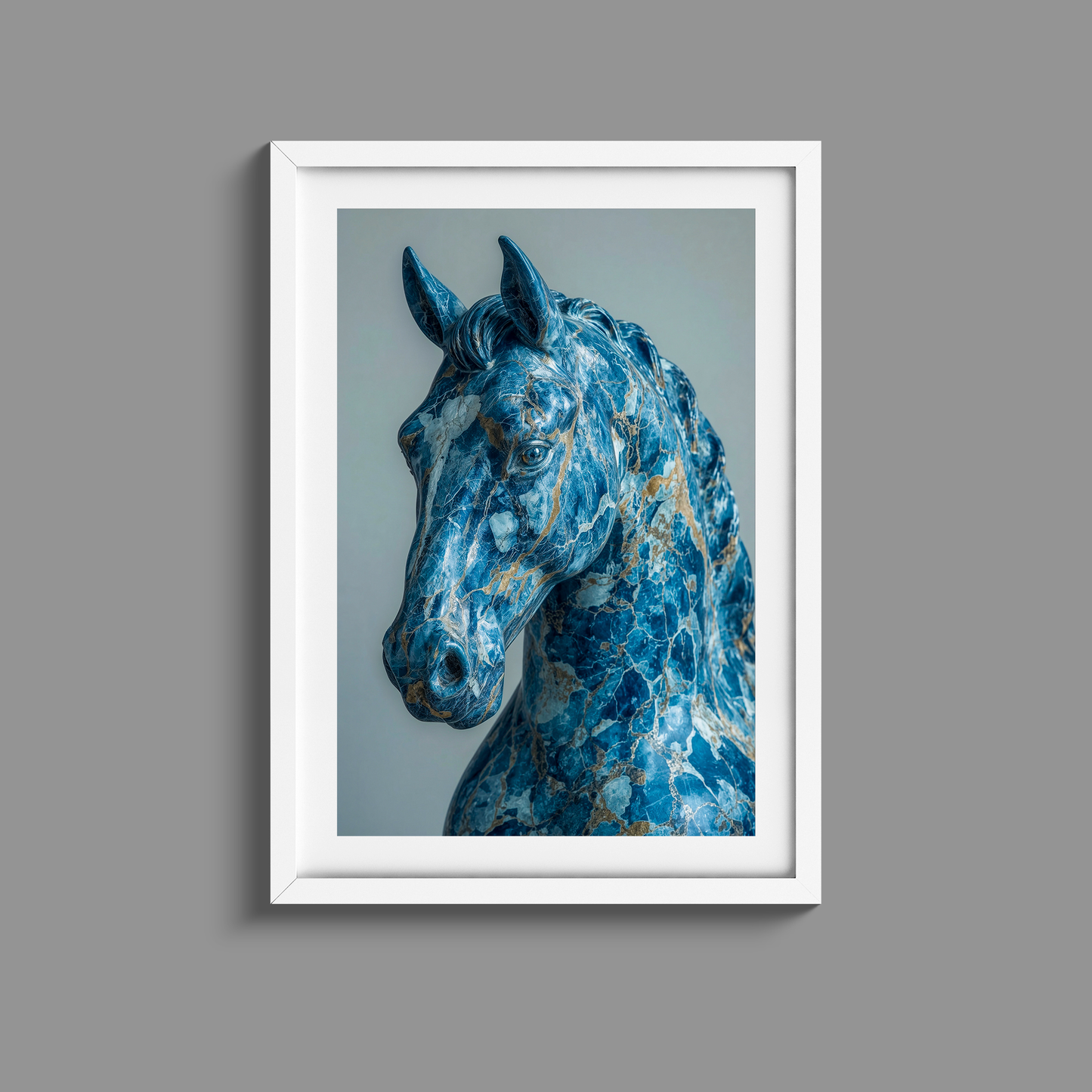 Stunning blue and gold marble horse head statue
