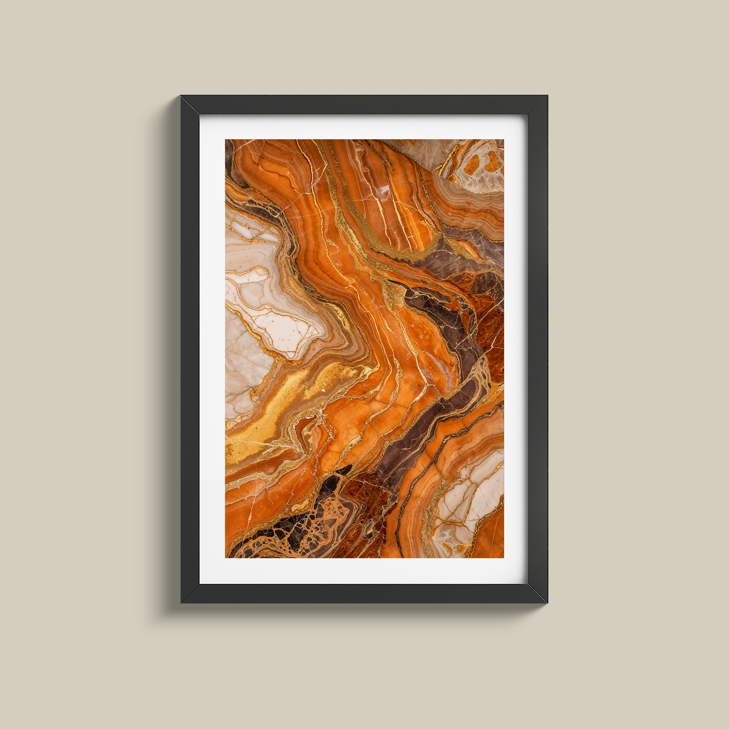 Stunning set of three orange marble and gold prints