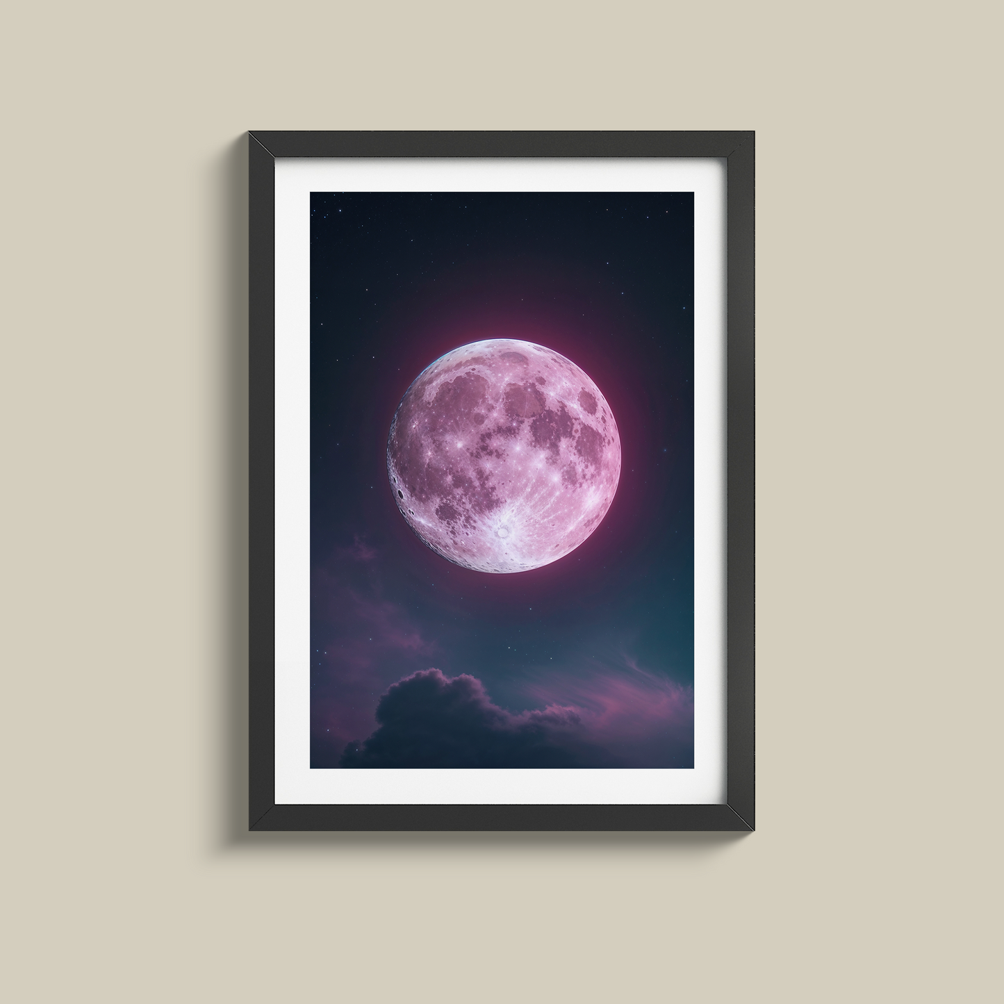 Beautiful pink moon and stary night sky print